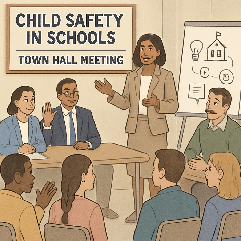 Parents and community leaders discussing child safety concerns at a public forum.