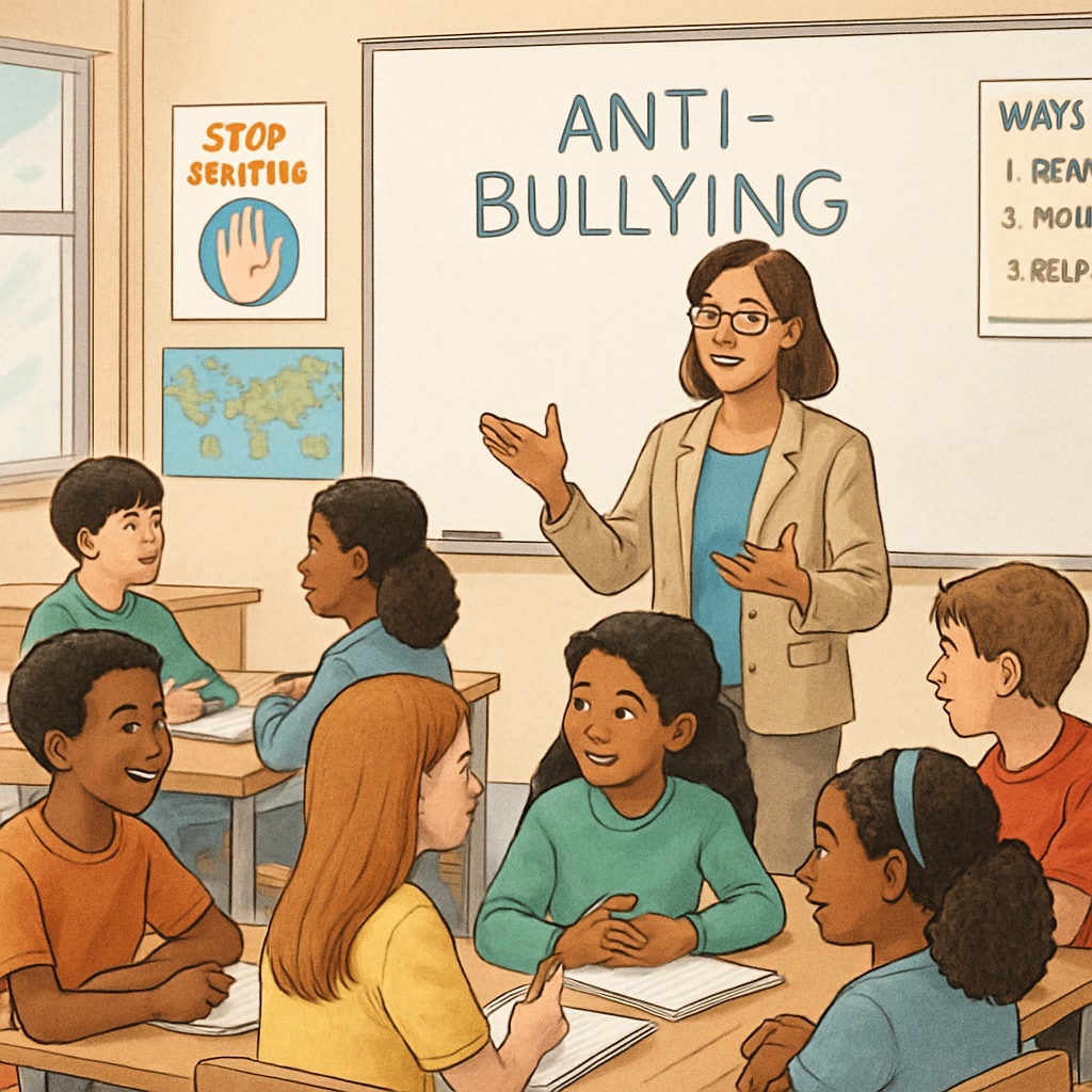 Students and a teacher during an anti-bullying workshop, illustrating bullying management strategies.