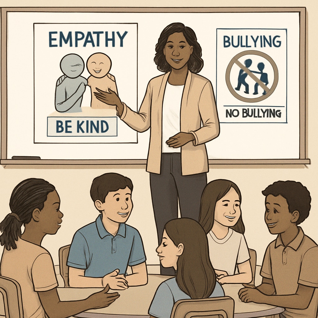 Teacher leading a session on empathy and anti-bullying strategies, emphasizing school management solutions.