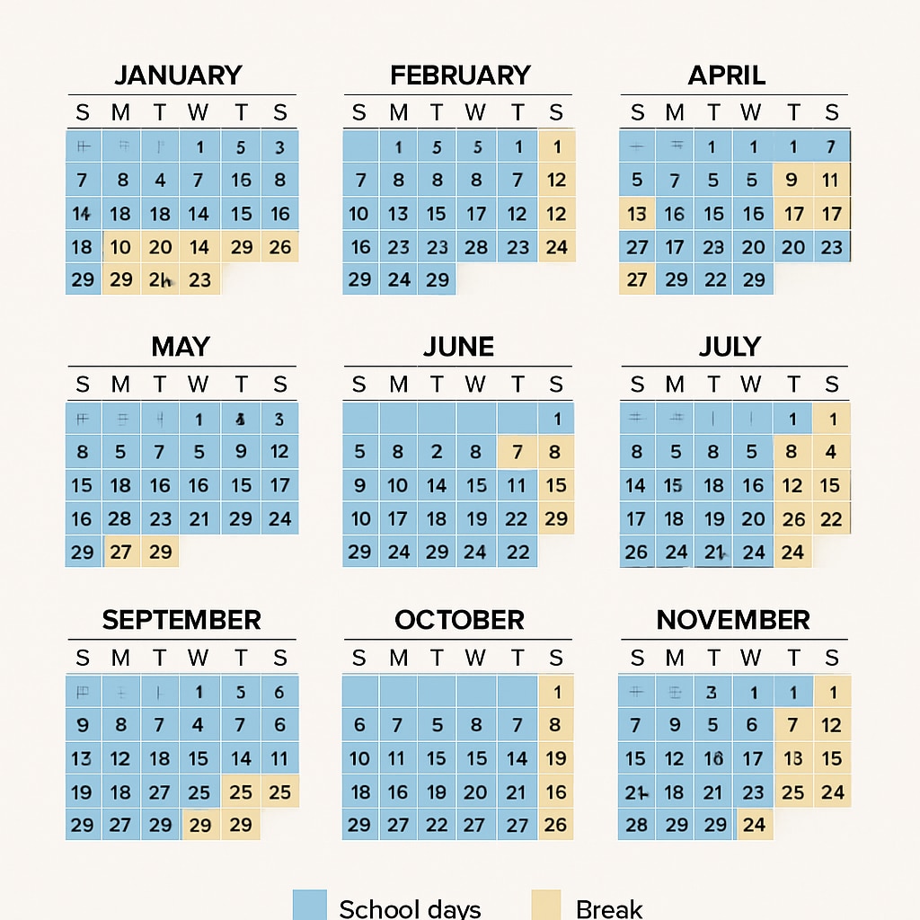 Visual representation of a year-round school calendar with frequent breaks.
