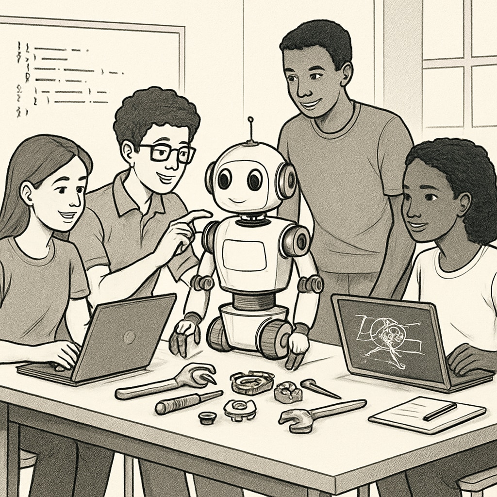 Students working on robotics, blending programming, engineering, and AI.