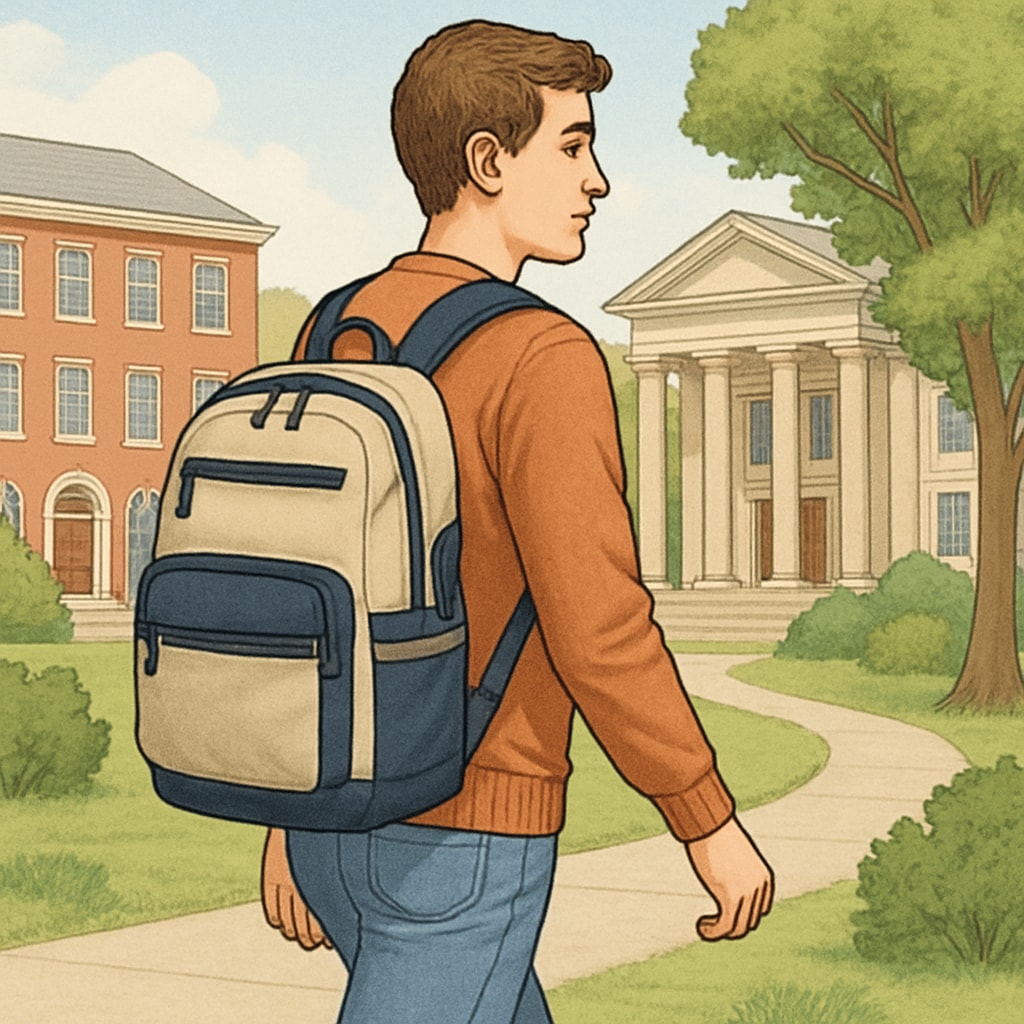 College student with an affordable backpack walking through campus.
