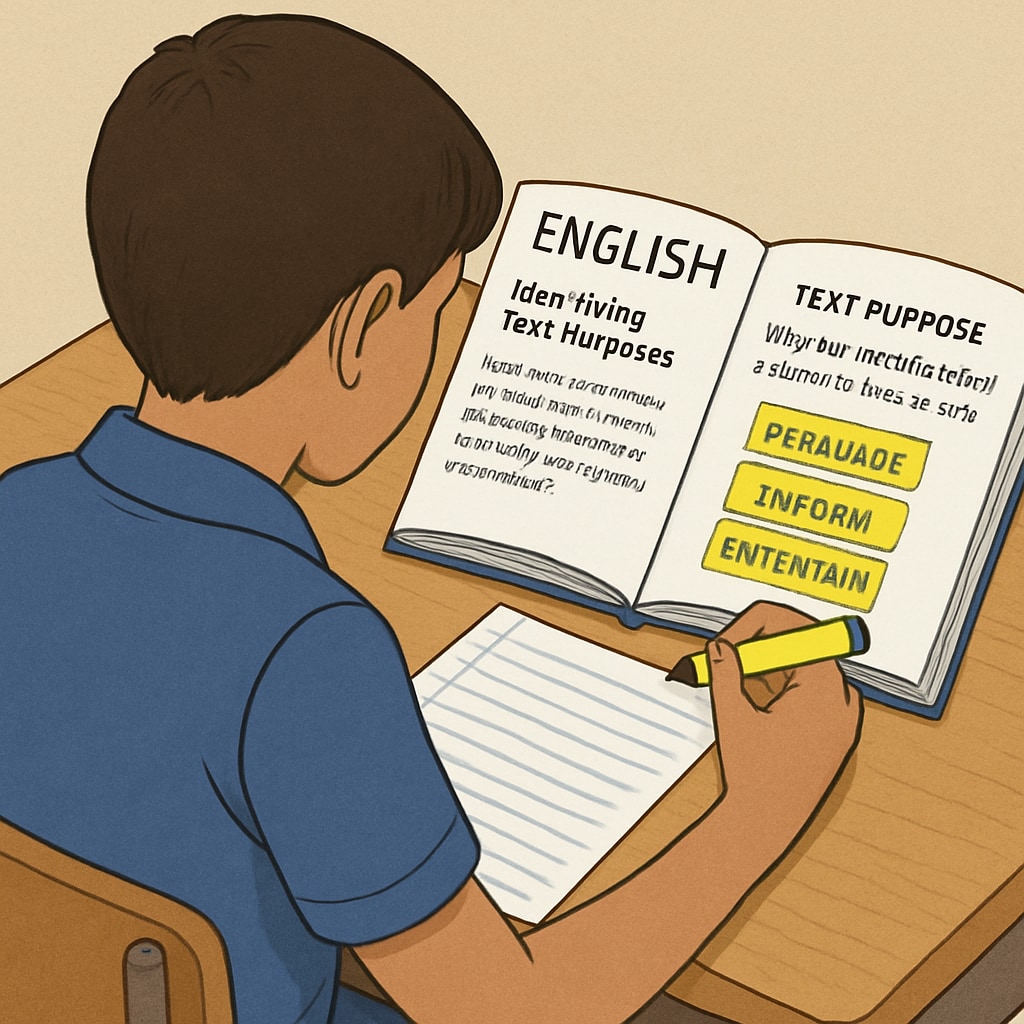 Student analyzing a functional English text to determine its purpose.