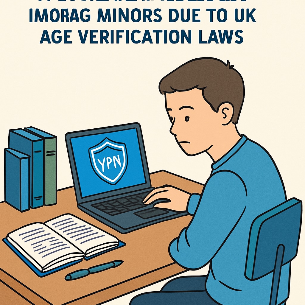 A student using a laptop with a VPN logo, highlighting VPN usage due to UK age verification laws.