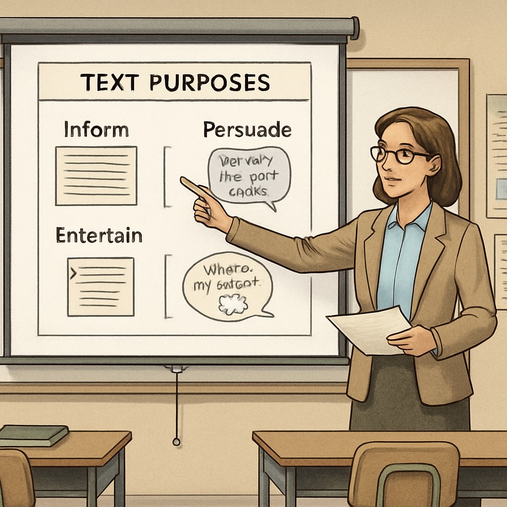 Classroom discussion on identifying purposes in functional English texts.