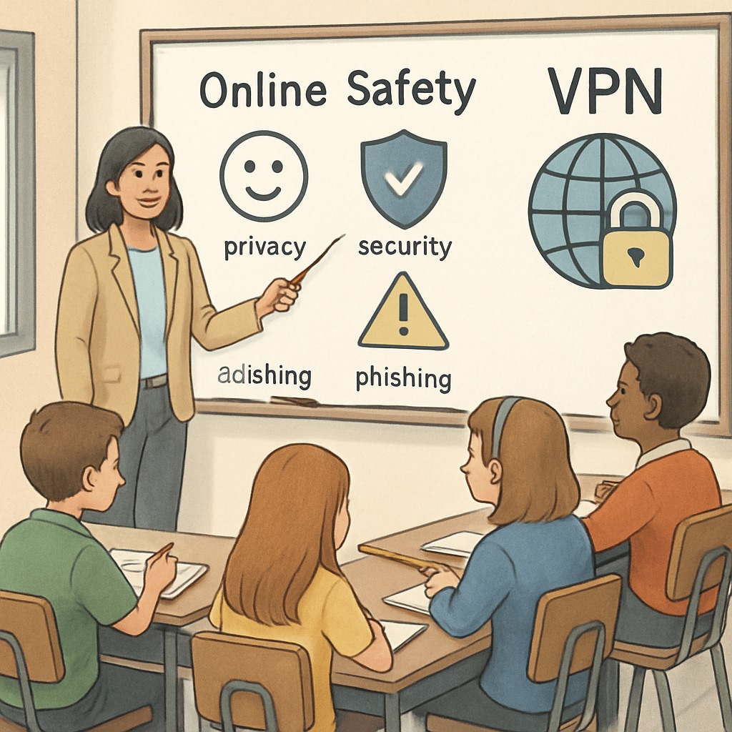 A teacher discussing online safety and VPN usage in a classroom to promote digital citizenship.