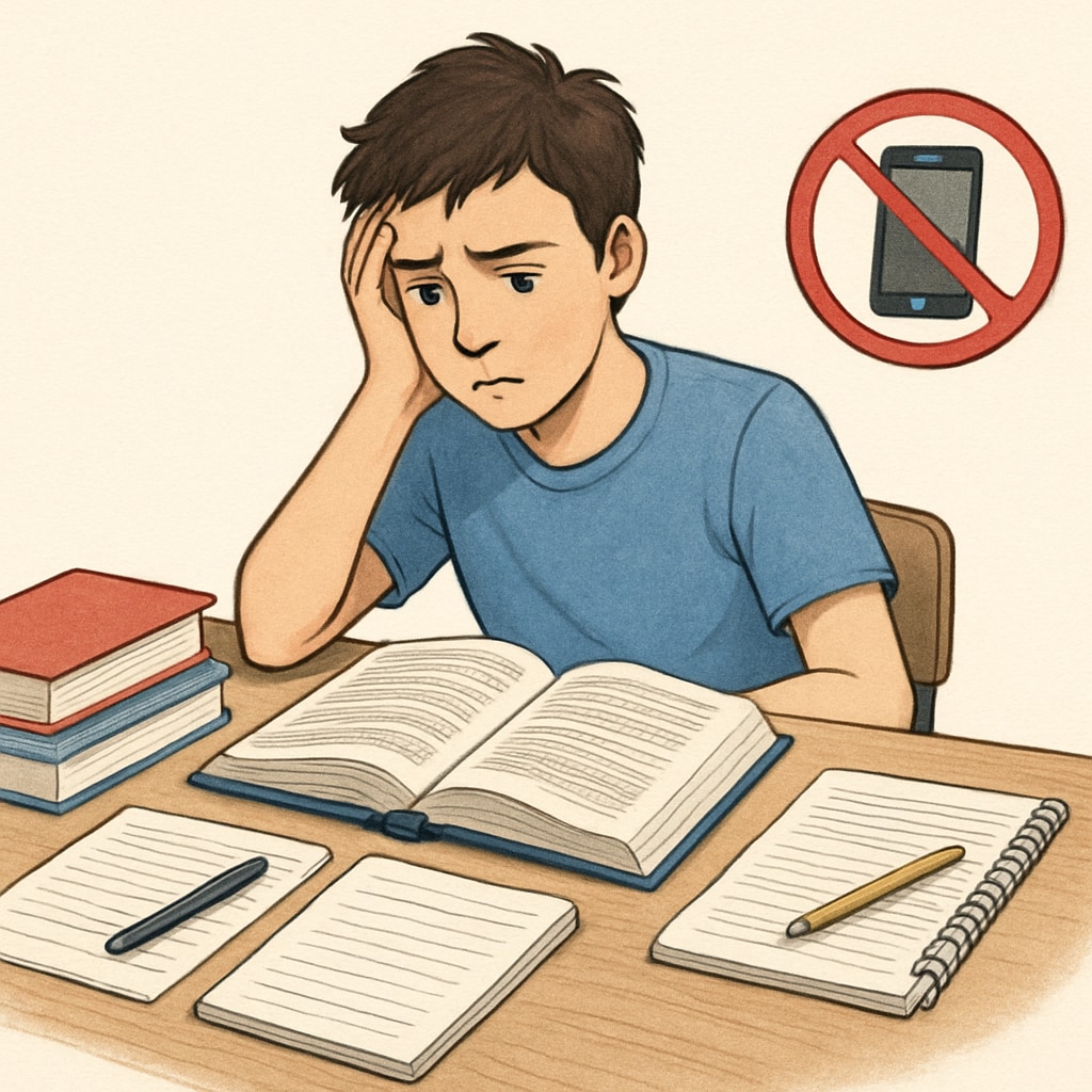 A student using paper-based resources instead of mobile phones, highlighting the downsides of technology restrictions in schools.