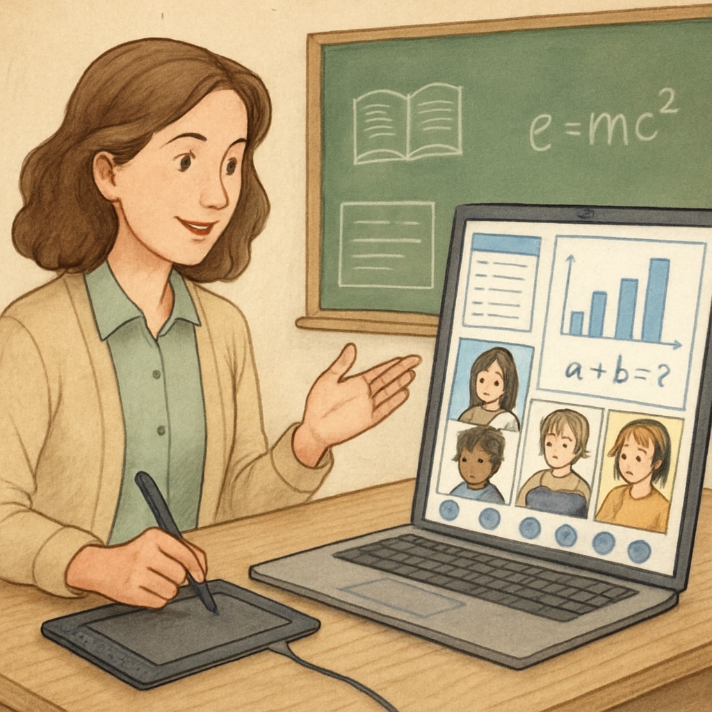 K12 teacher leading an online class in a remote learning setup.