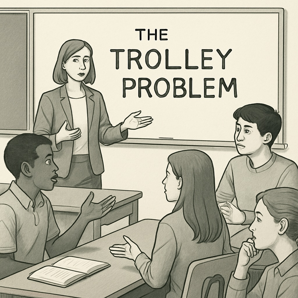 Students discussing philosophical dilemmas like 
