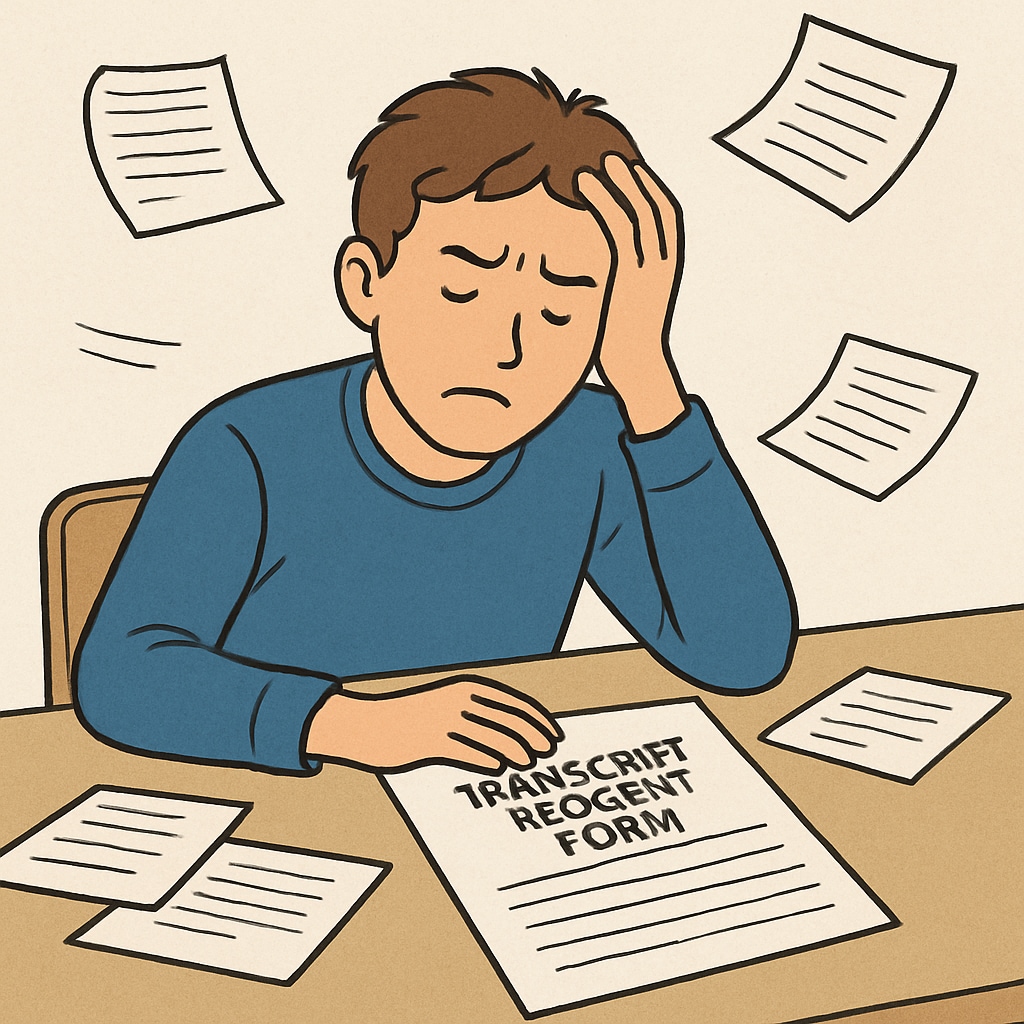 A photo of a frustrated student sitting at a desk, with papers and a transcript request form visibly placed on the table. A student struggling to access academic transcripts due to unpaid debts.
