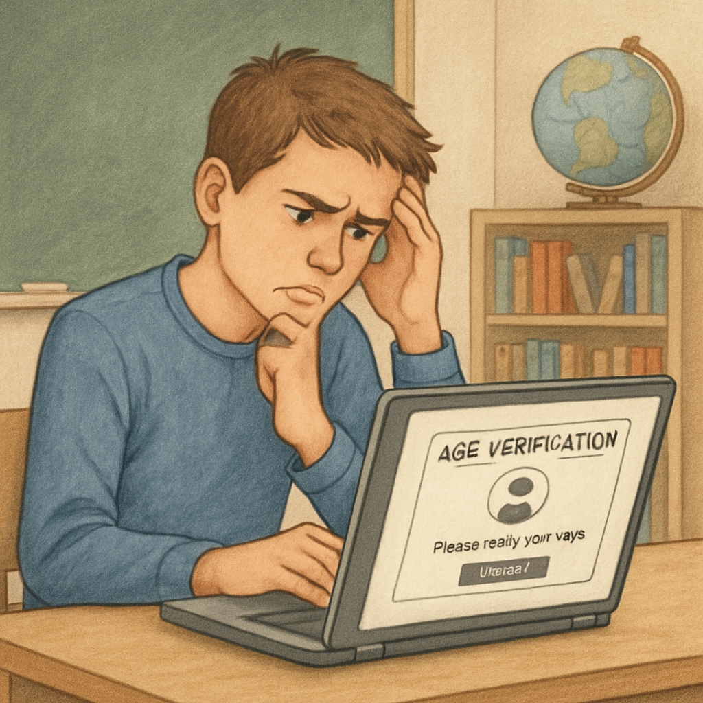 A student frustrated by blocked educational websites due to age verification laws.