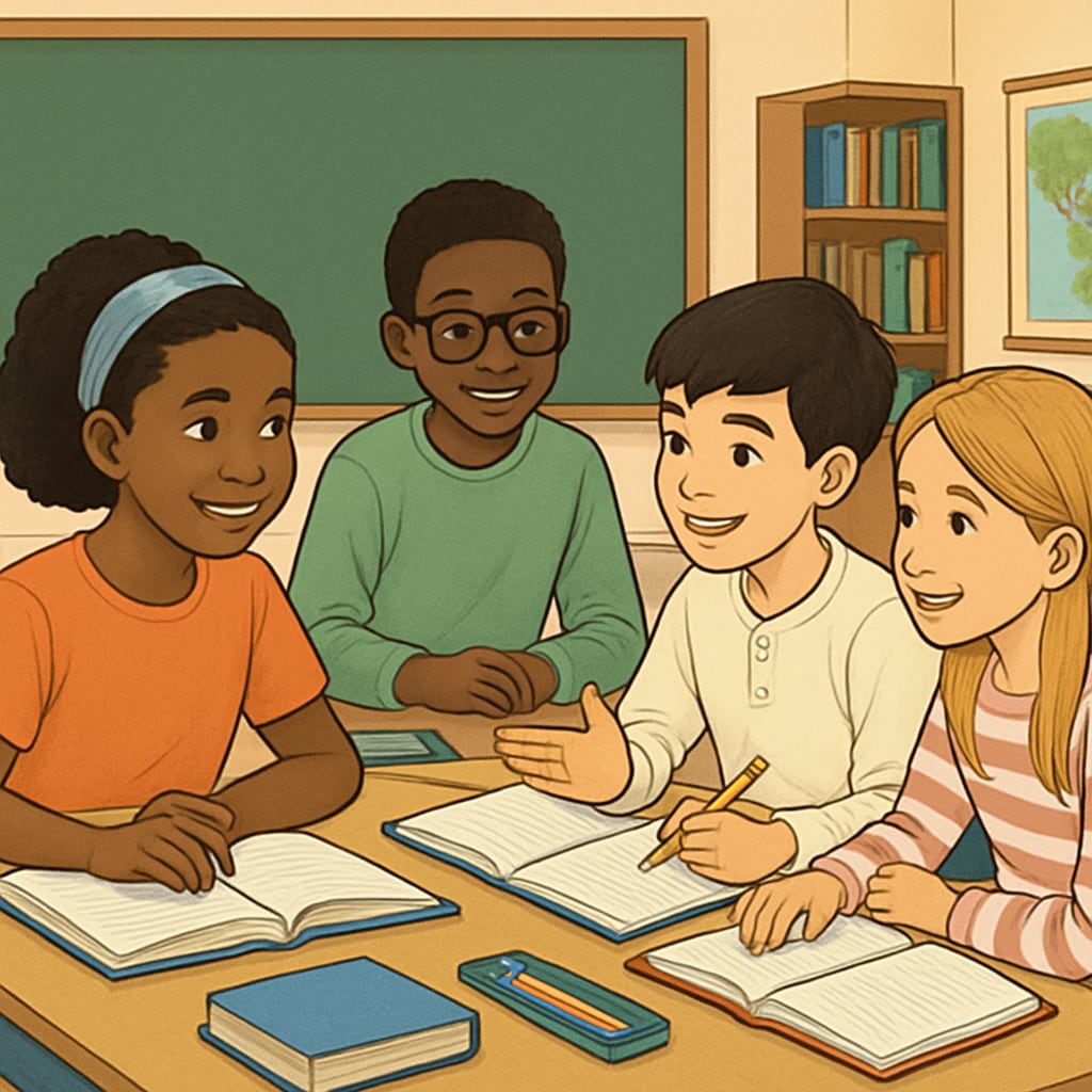 Group of K12 students working on a study project as part of learning methods research survey.