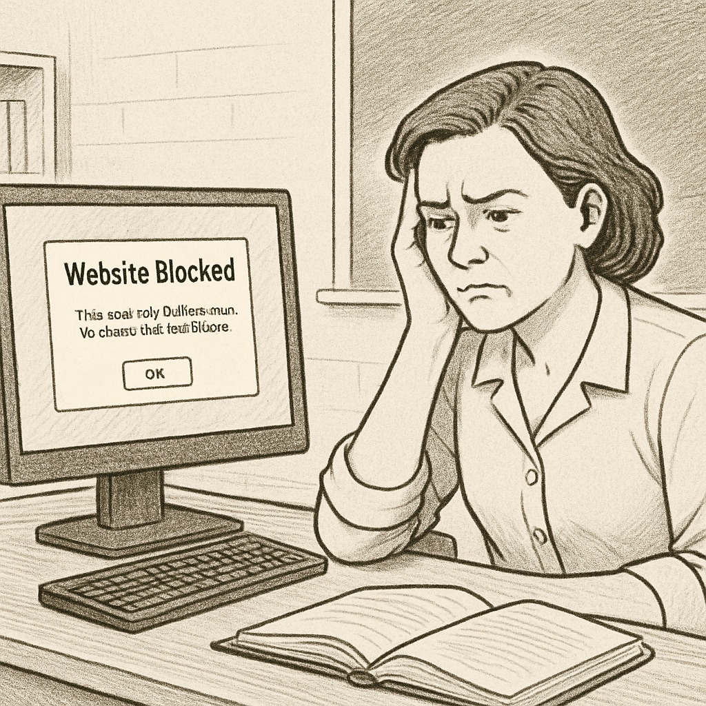 A teacher unable to access educational resources due to content restrictions.