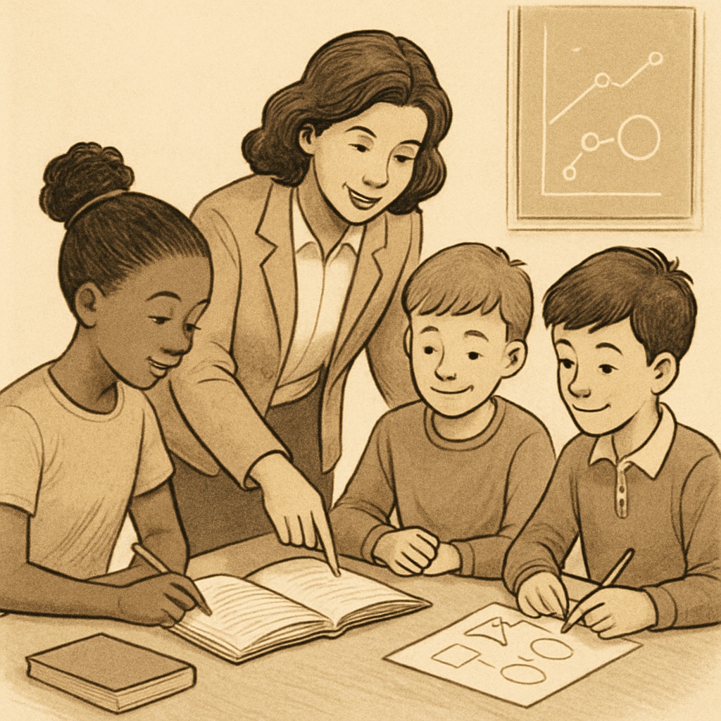 Teacher assisting K12 students in collaborative learning activities during research.