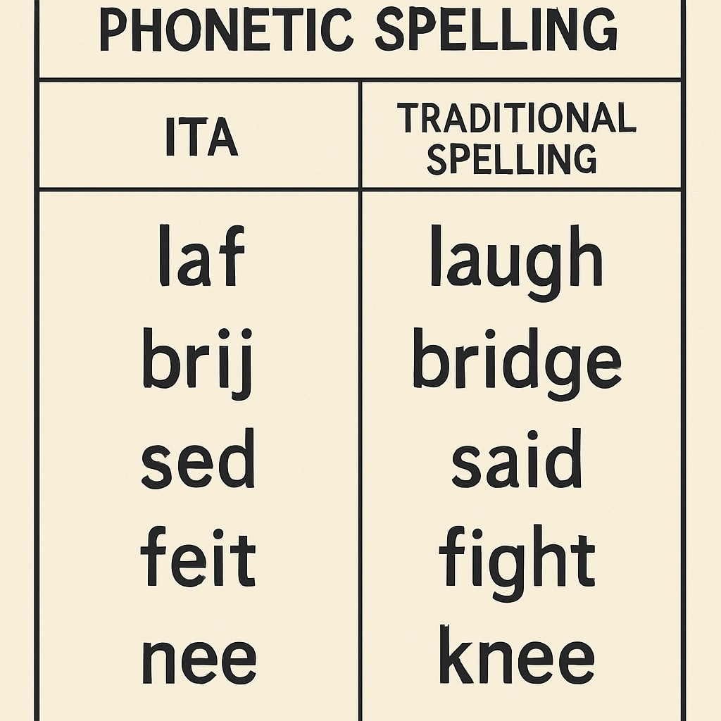 ITA versus traditional English spelling chart, showcasing differences in literacy methods.