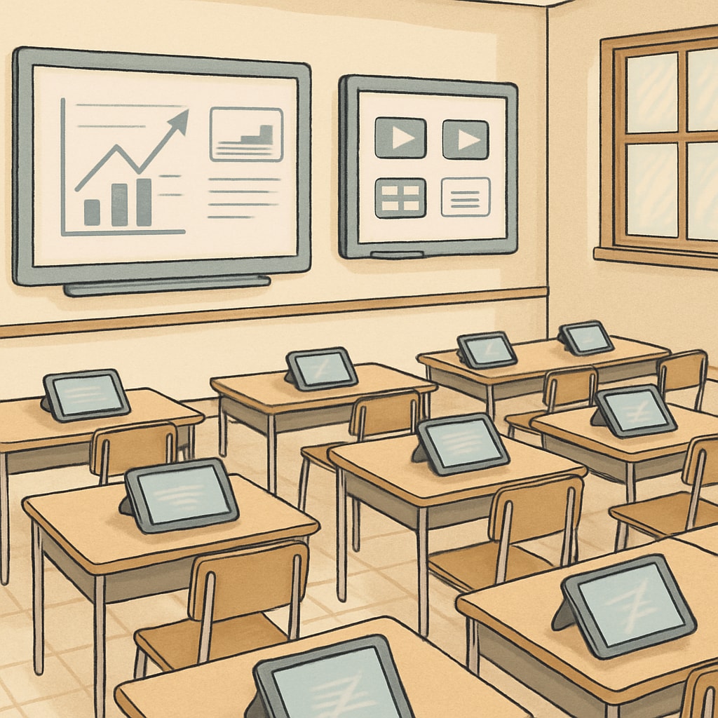 AI tools in a modern classroom showcasing the blend of technology and education.