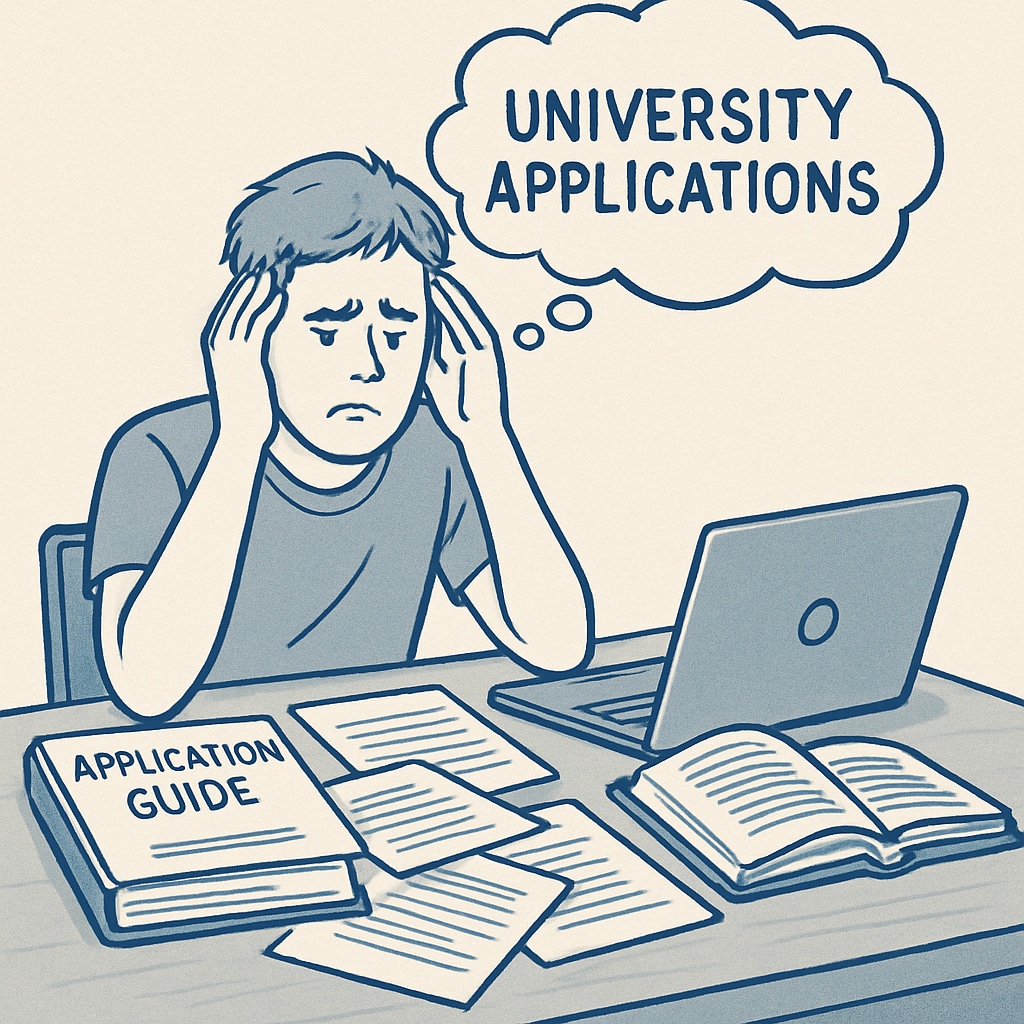 Student overwhelmed by university application materials.