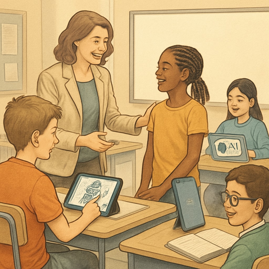 Educator using both AI resources and personal interaction in a classroom.