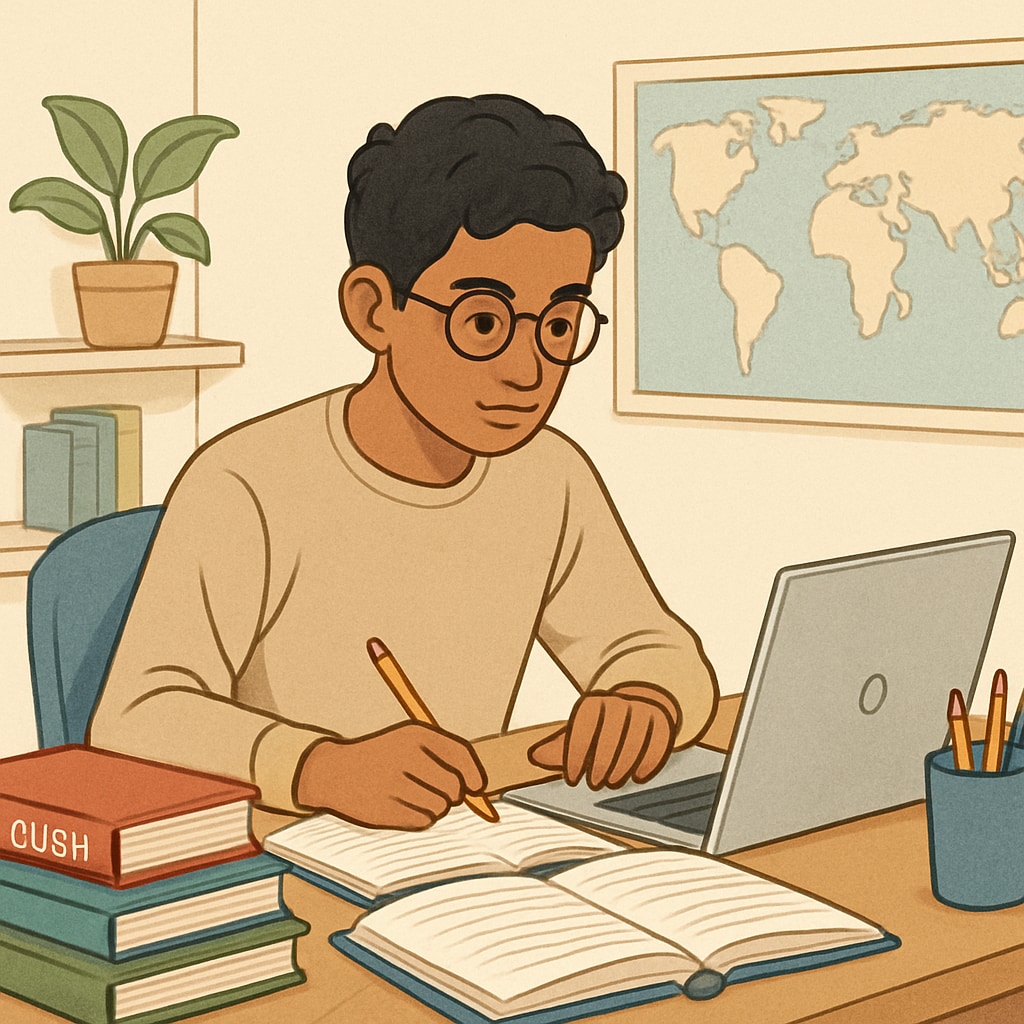 International student using a laptop for online high school diploma studies