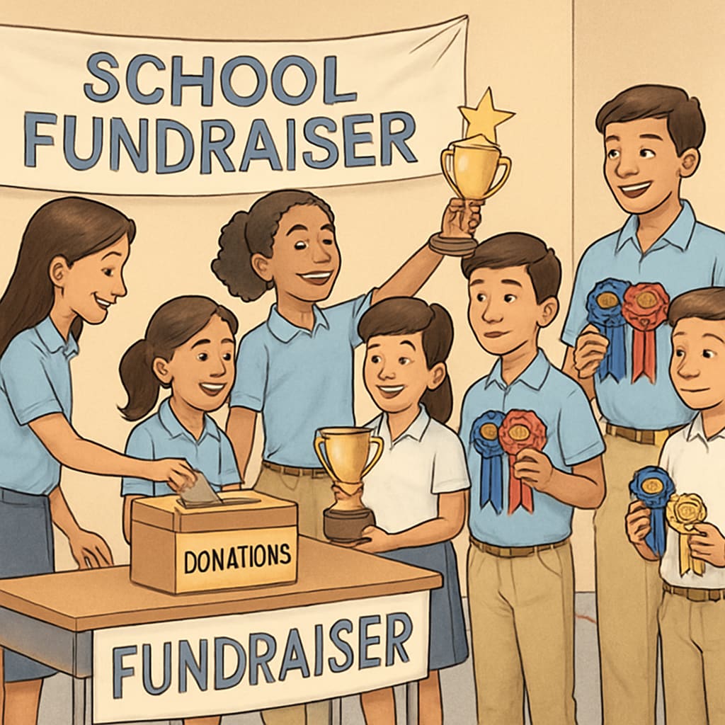 Students in a school fundraiser showing economic disparities in rewards.