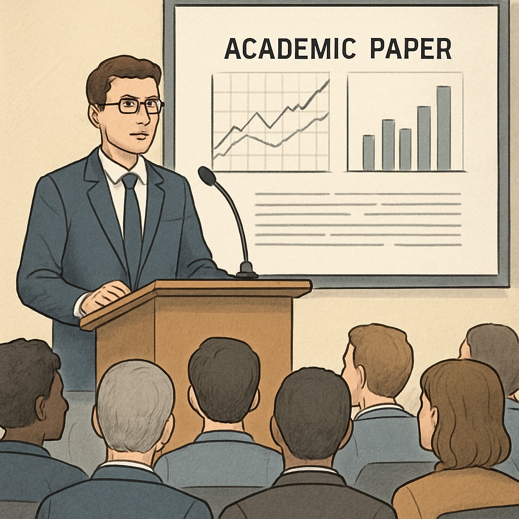 Academic researcher presenting their paper at the AERA conference.