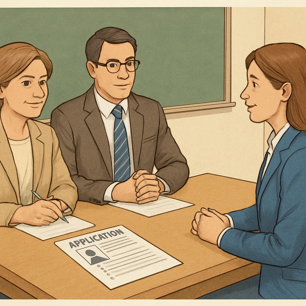 A teacher being interviewed for a job, with visible application documents on the table, symbolizing the recruitment process. Teacher being interviewed for a job, highlighting teacher applications and screening policies.