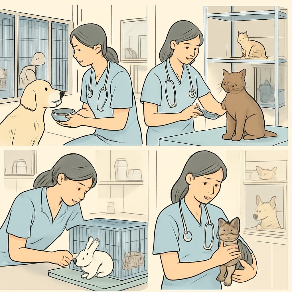 Veterinary assistant gaining animal care experience in a shelter, highlighting alternative career paths.
