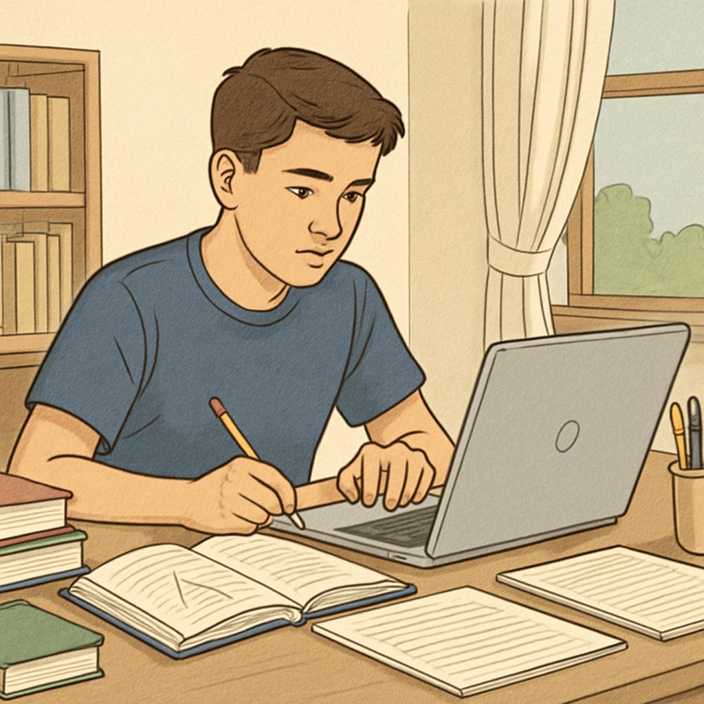 A student engaged in online public education, working on a laptop at home for personalized learning.
