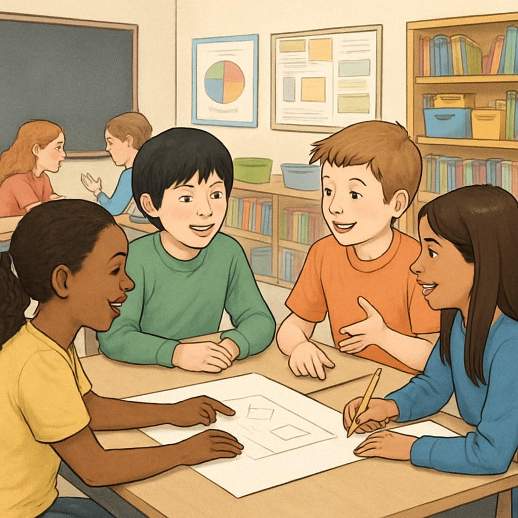 A classroom with diverse students engaged in a group activity, symbolizing open dialogue and diversity of thought. A diverse classroom with students collaborating, representing diversity of thought in education.