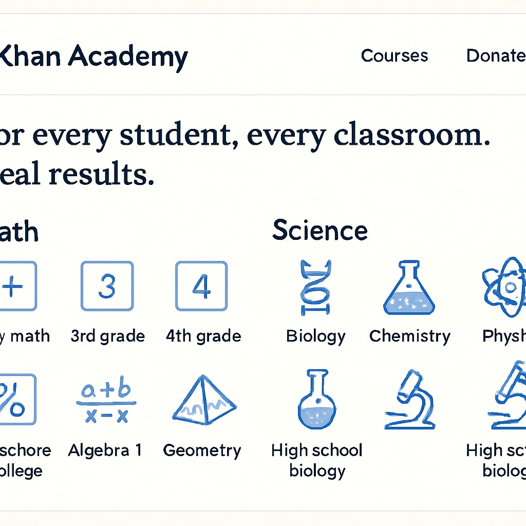 Screenshot of Khan Academy homepage, showcasing its math and science courses. An image showing Khan Academy’s interface for math and science learning resources.