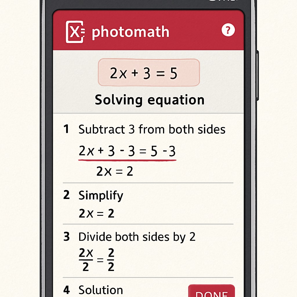 Mobile screenshot of Photomath solving a math problem step-by-step. A screenshot demonstrating Photomath’s ability to provide detailed math solutions.