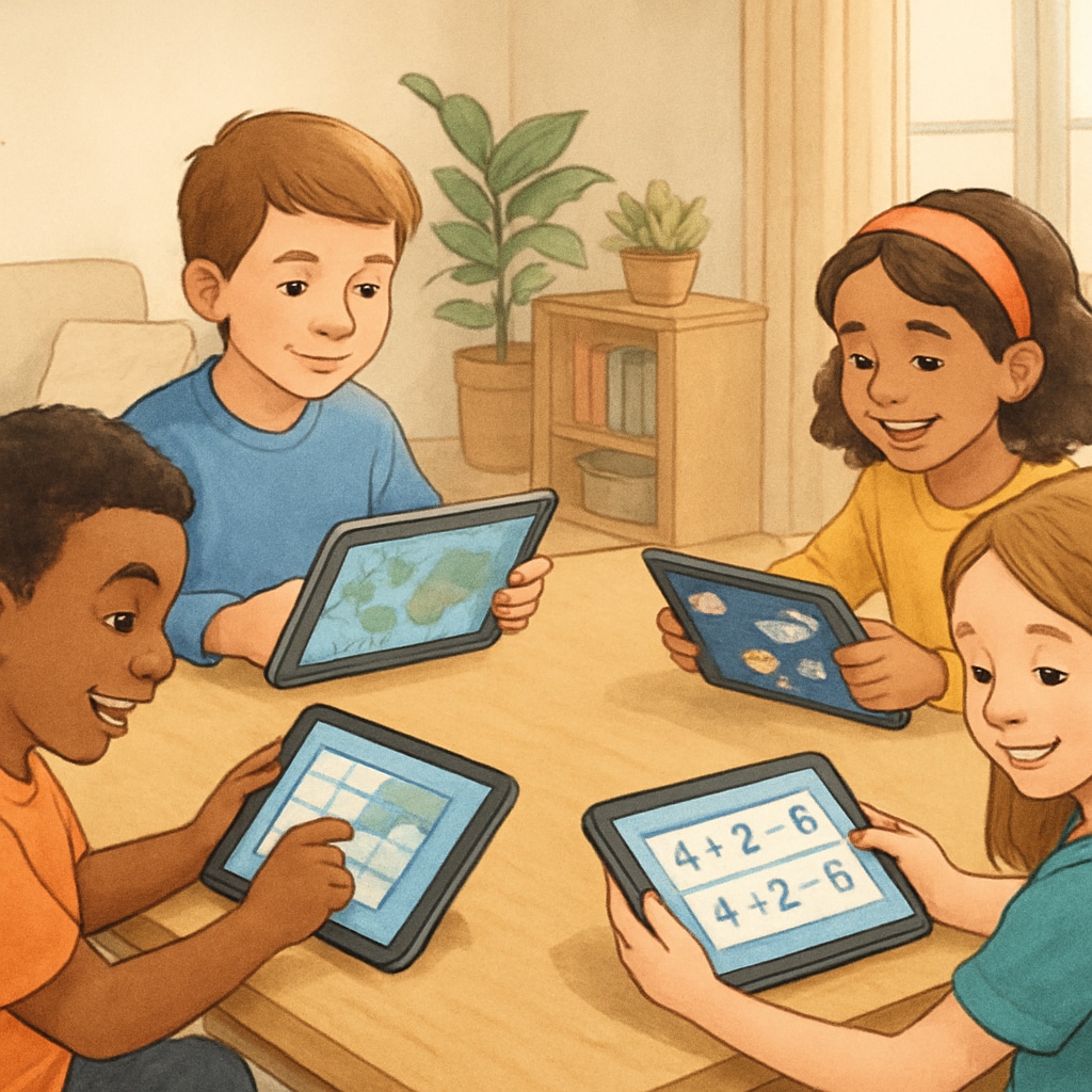 Children learning on tablets at home with free early education resources.