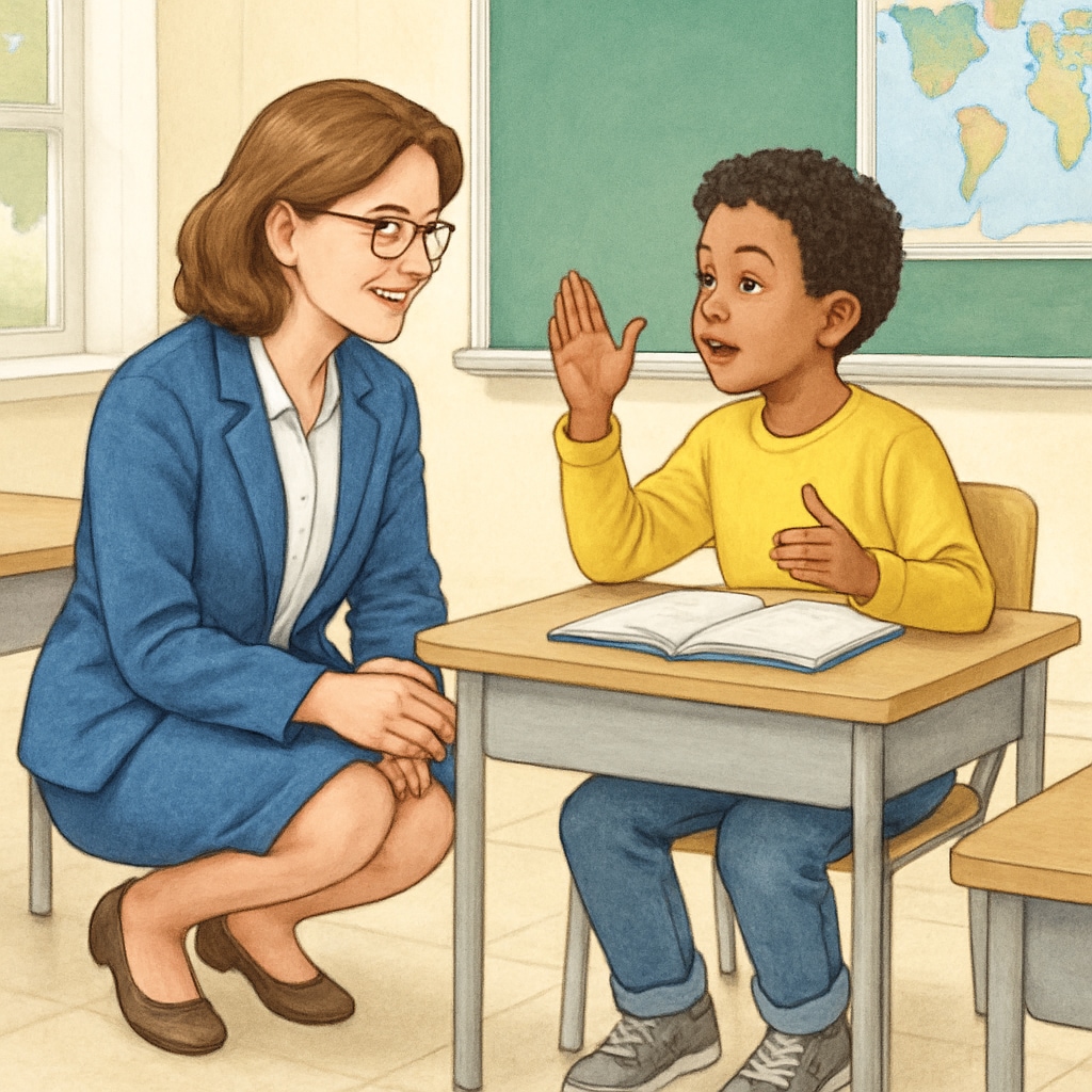 A teacher showing respect by listening to a student in class.