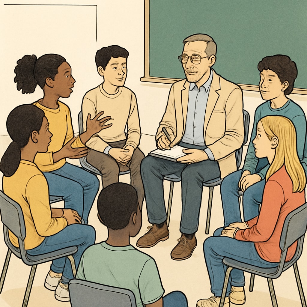 A teacher encouraging respectful dialogue in a diverse classroom.
