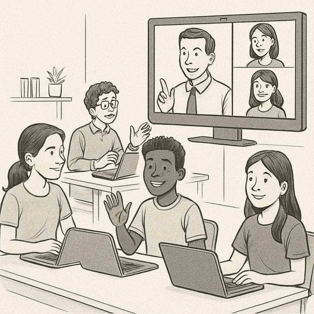 International students participating in an online class, showcasing global education.