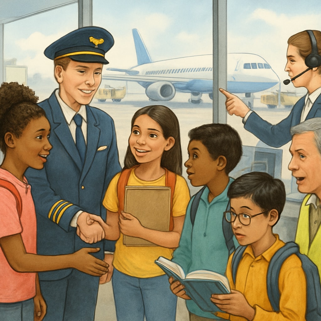 A diverse group of students touring an airport and learning about aviation careers. Students at an airport, gaining exposure to aviation careers through hands-on learning.