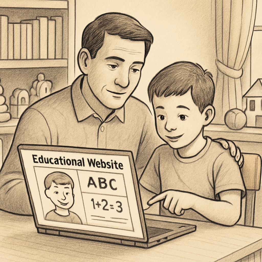 Parent and child using laptop for free early education websites.