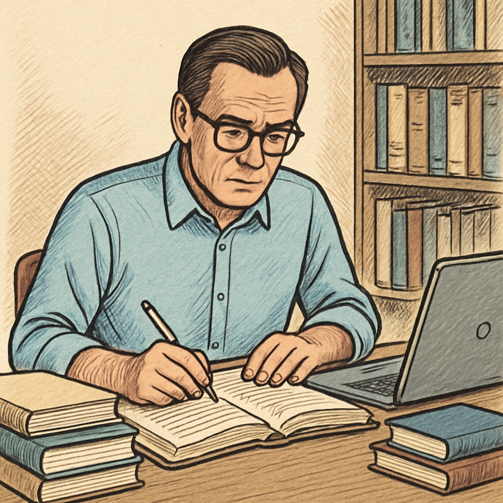 A mature adult sitting at a desk with books and a laptop, deeply engaged in learning. The image symbolizes self-study and adult education. Adult self-study with books and laptop, addressing education gaps.
