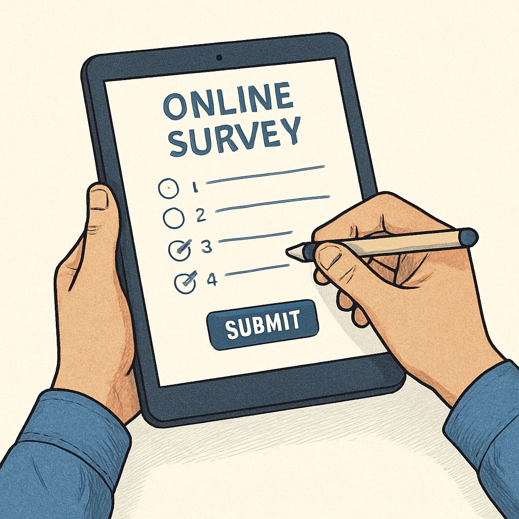 Individual completing an online survey on a tablet for research purposes.