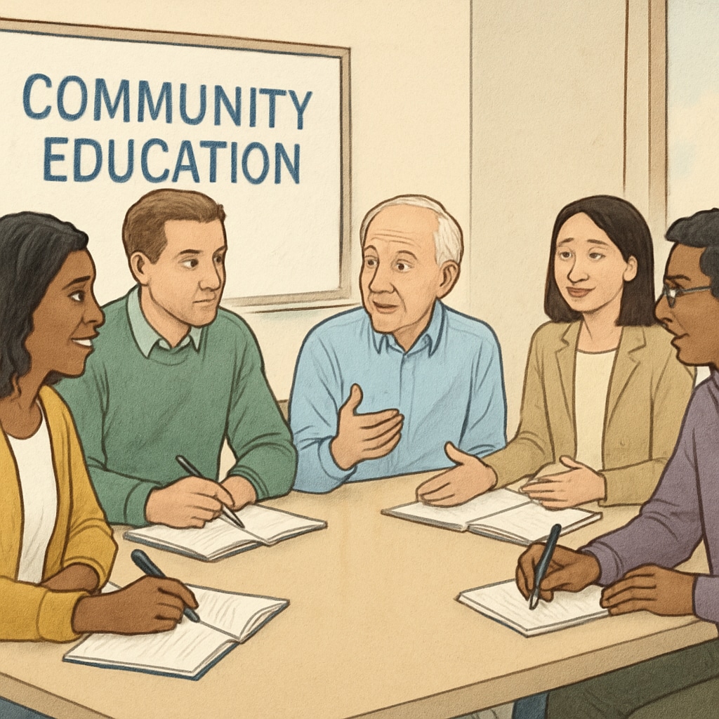 A group of adults attending a community education workshop, actively participating in discussions. The image highlights collaborative learning opportunities. Adult education workshop, fostering group learning and self-improvement.