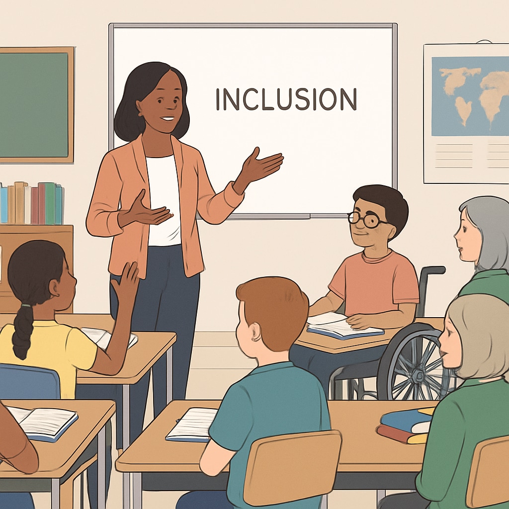 A classroom with diverse students and a teacher leading a discussion on inclusion. A diverse classroom with a teacher discussing inclusion and diversity, relevant to K12 education and independence.