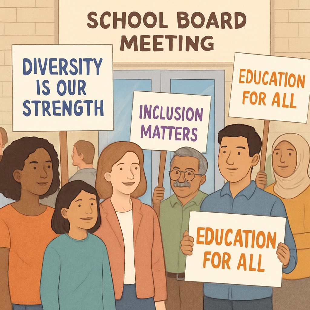 A protest outside a school board meeting, with signs supporting diversity and inclusion in education. Protesters with signs advocating for diversity in education, highlighting the debate over K12 independence.