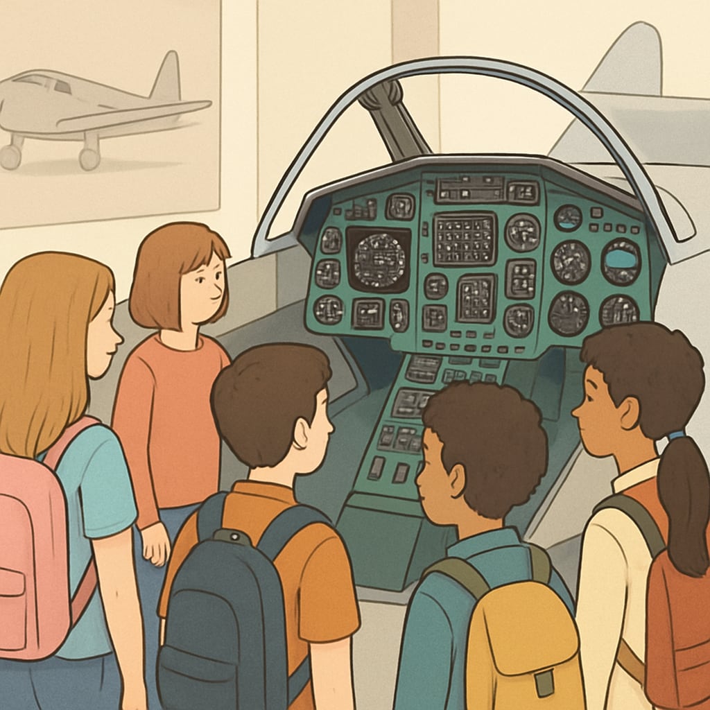 A group of students visiting an aviation museum, observing a cockpit display. Students exploring aviation at a museum, inspiring CPL dreams.