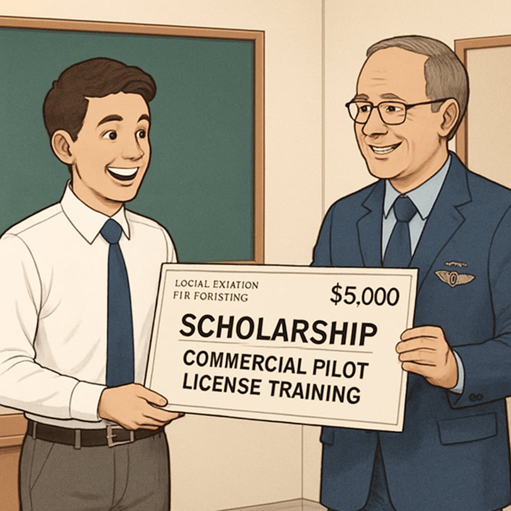 A young student receiving a scholarship check for CPL training from a local aviation organization. Student awarded funding support for CPL training.