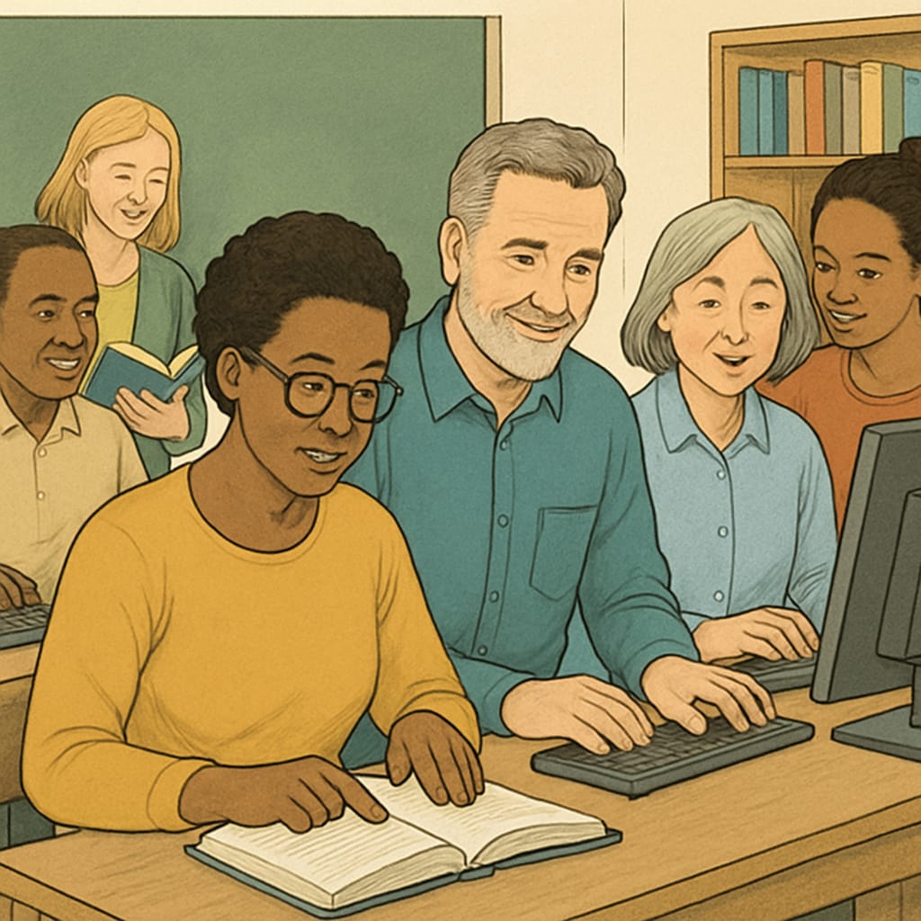 Adults participating in self-learning activities, addressing education gaps.