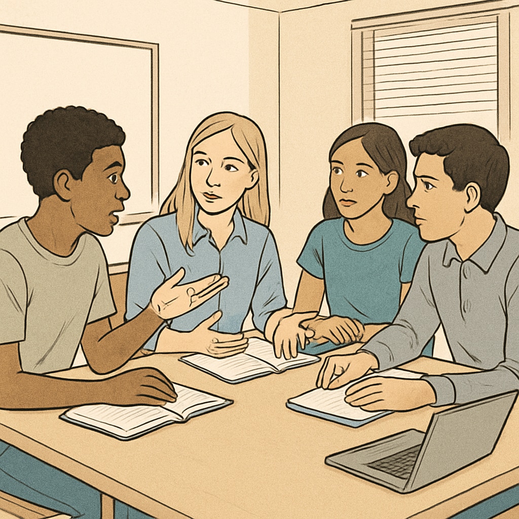 Students discussing ideas in a classroom with limited reliance on technology.