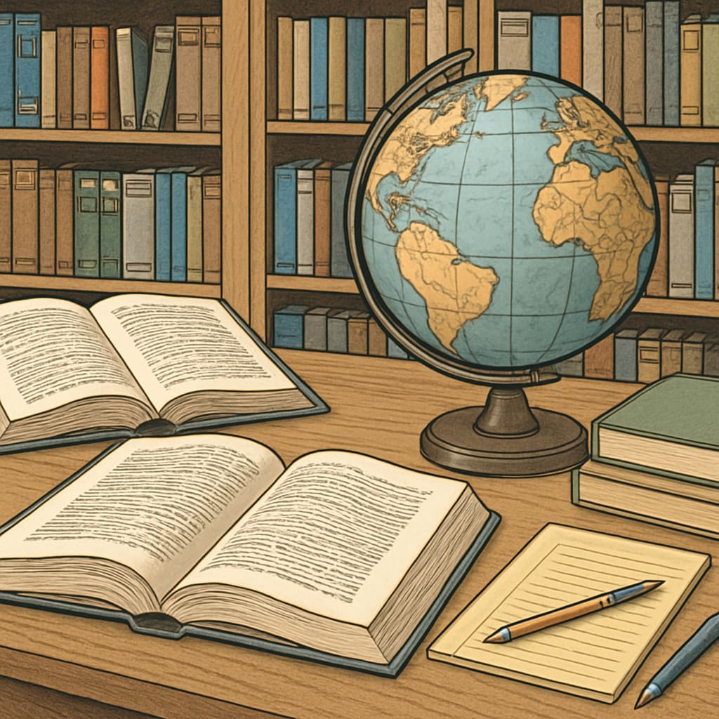 A study setup with world history books and a globe for self-education.
