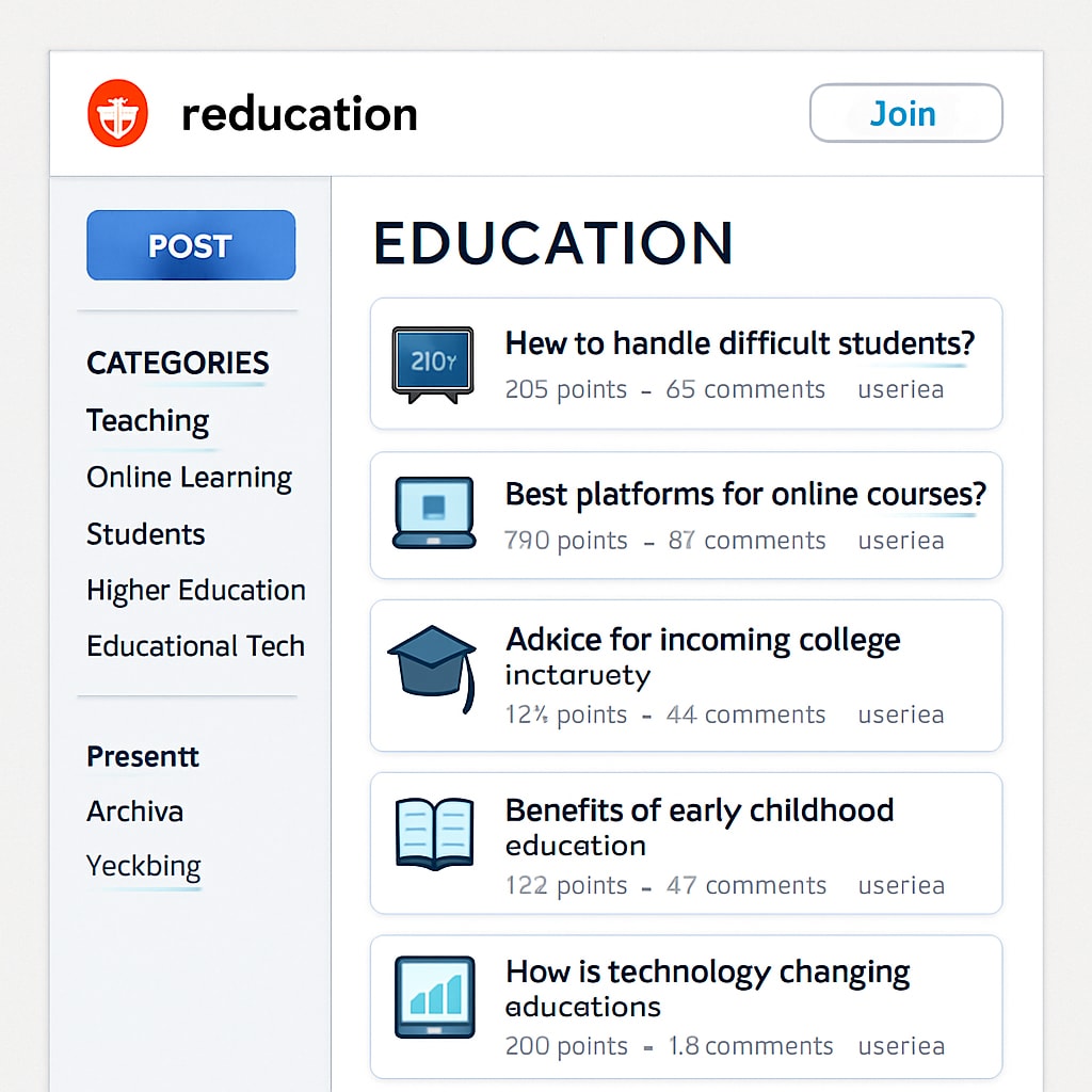 Screenshot of a Reddit education subreddit homepage featuring discussions on teaching and learning.