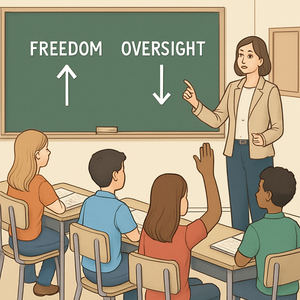 A classroom scene illustrating the challenges of balancing academic freedom and external oversight.