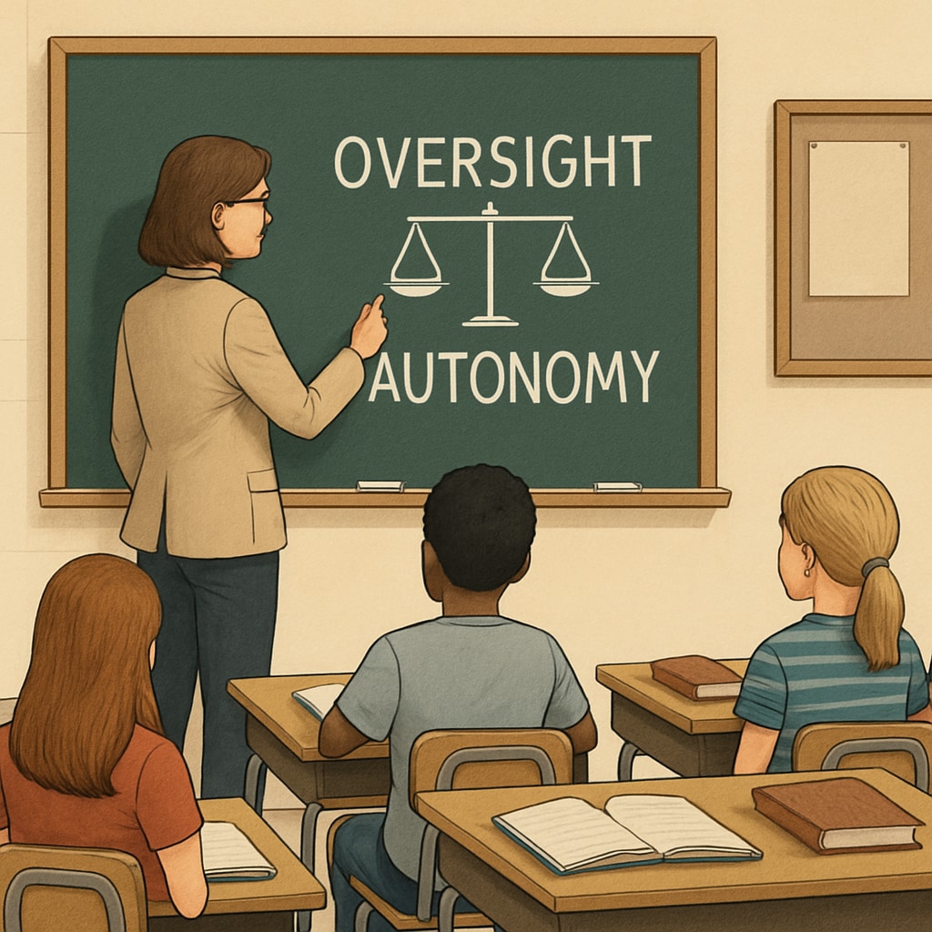 A teacher in a K-12 classroom, representing the tension between educational autonomy and accountability.